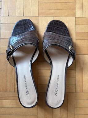 Anne Klein Dark Brown Croc-Embossed Slide Mules